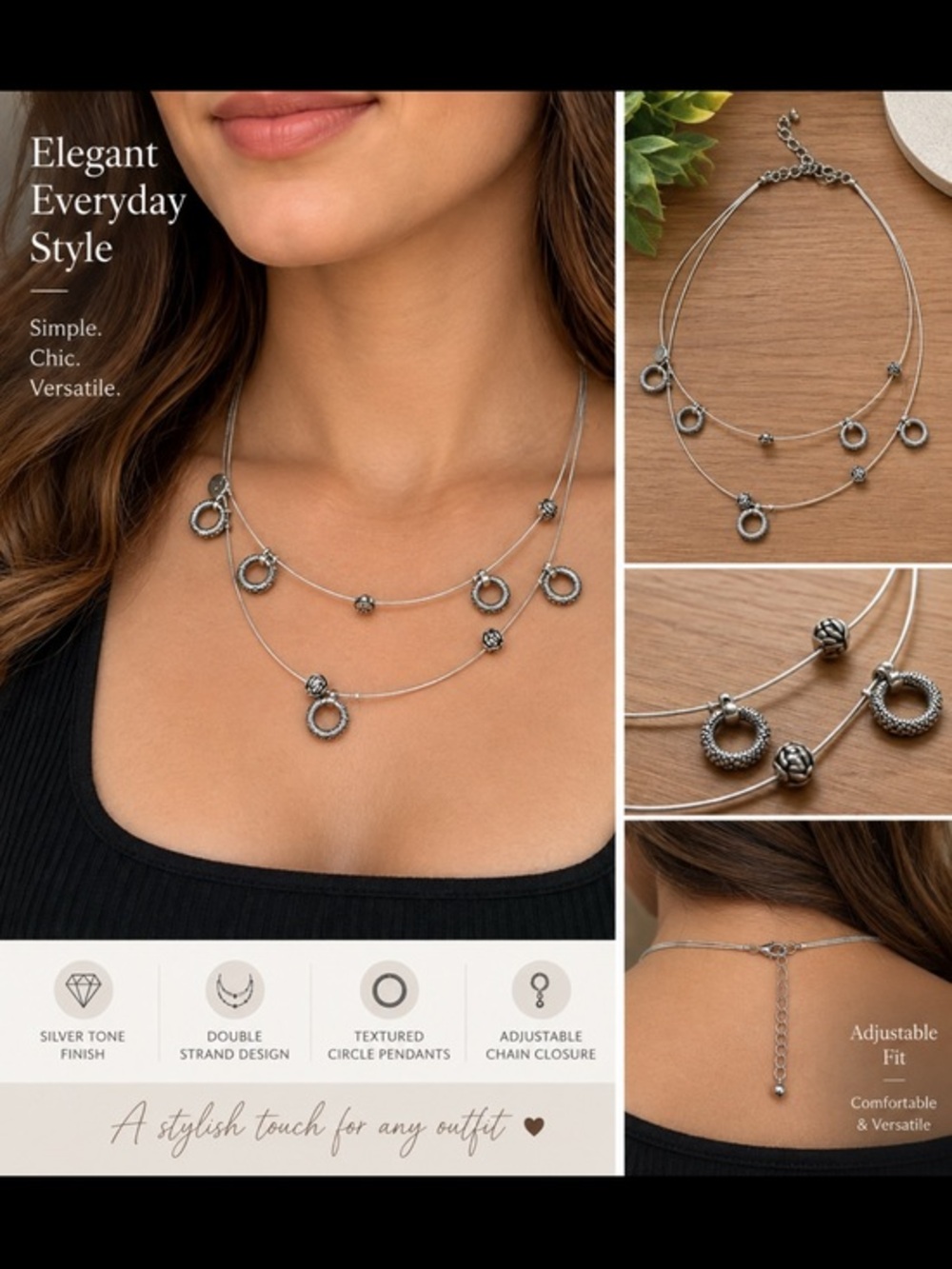 Silver Tone Double Strand Circle Pendant Necklace